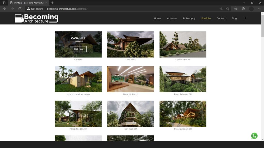 Pagina web que muestra portafolio de diseño con varias imagenes de renders arquitectonicos